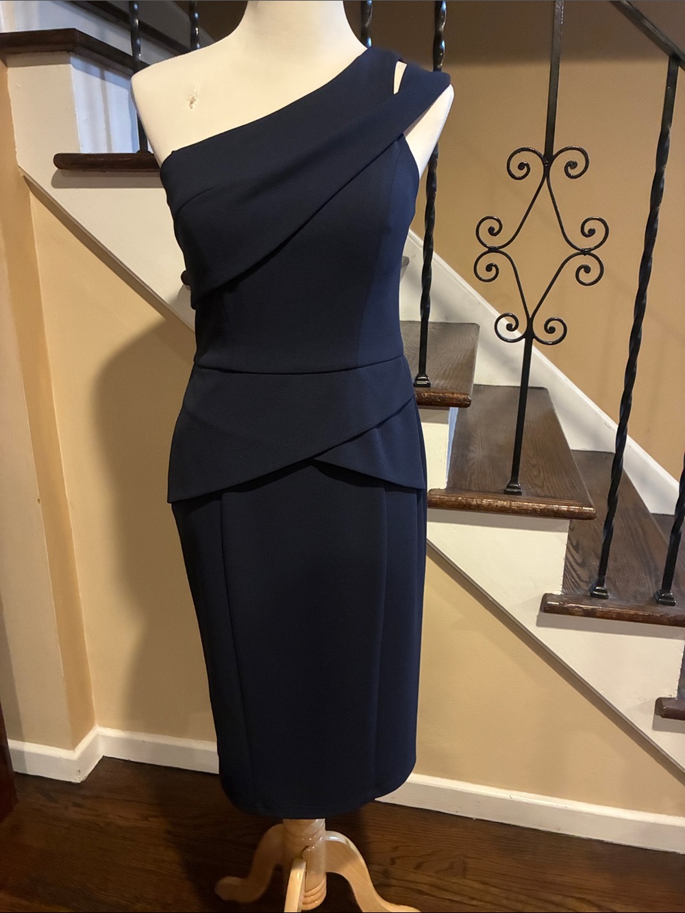 Catchet Navy One-Shoulder Peplum Midi Dress size 6